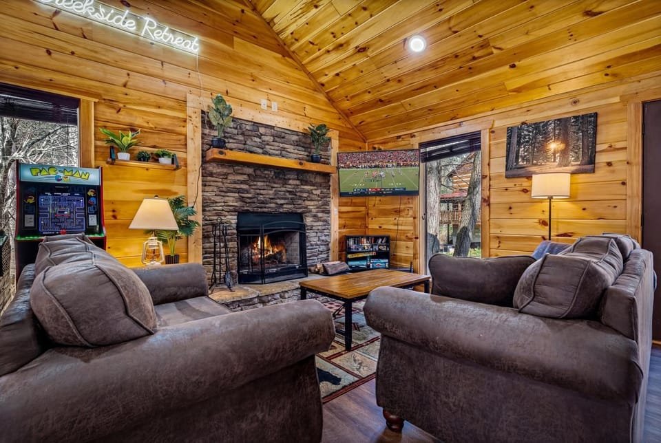 Natural landscape, Game Room, TV and multimedia, View (from property/room), Living room, Seating area, fireplace