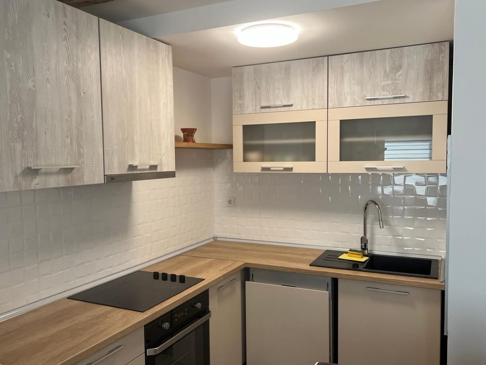 Kitchen or kitchenette, dishwasher, oven, stove