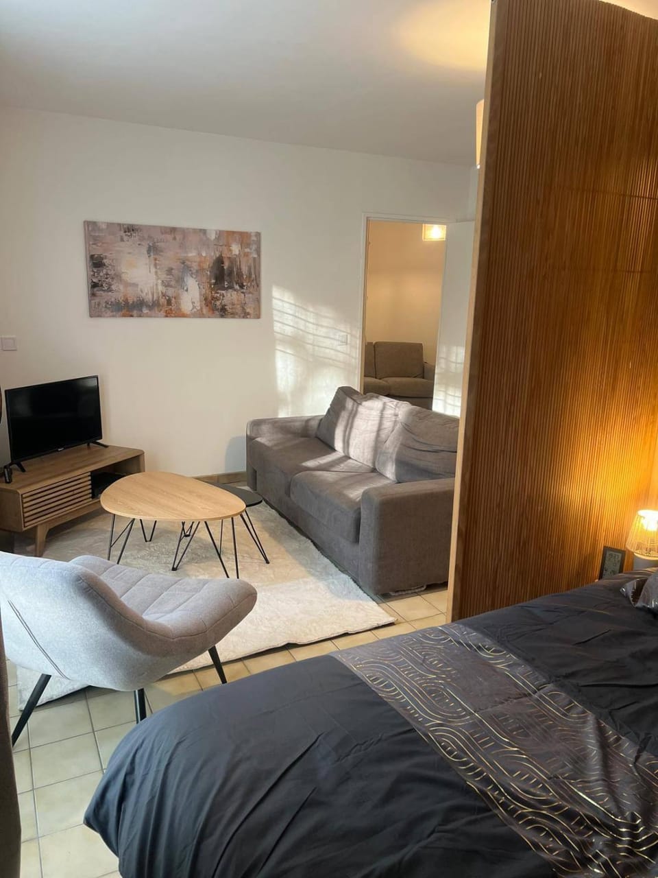 Communal lounge/ TV room, Bed, TV and multimedia, Living room, Seating area, Bedroom