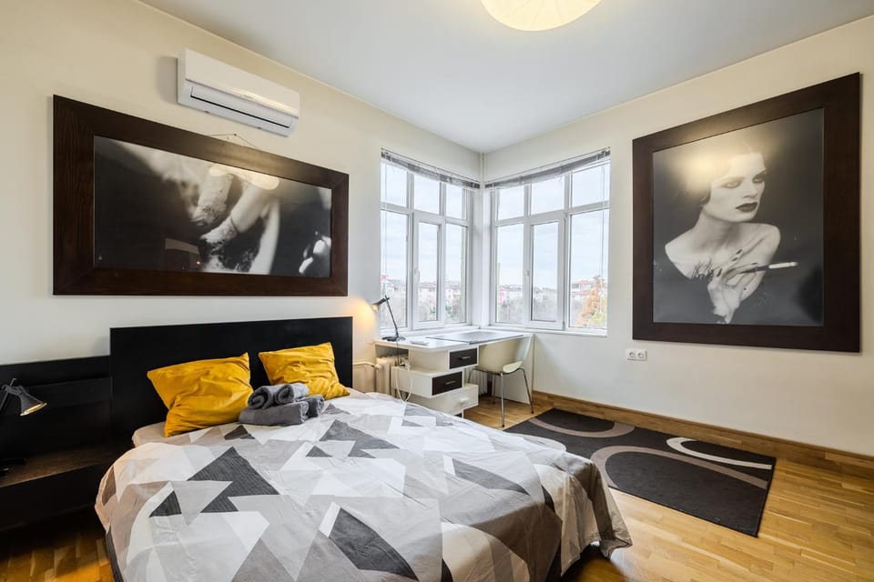 Bed, Photo of the whole room, Decorative detail, Seating area, Bedroom, air conditioner