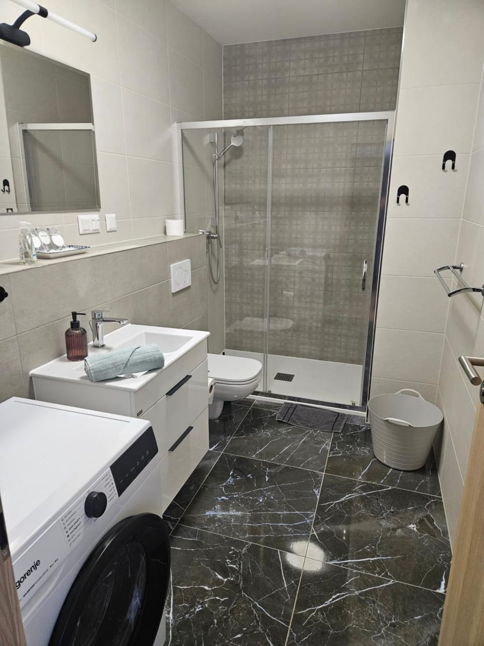Shower, Bathroom, hair dryier, washing machine, dryer