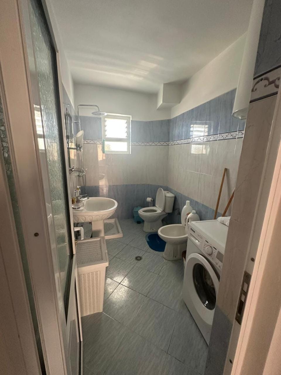 Shower, Toilet, Bathroom, bidet, towels, washing machine
