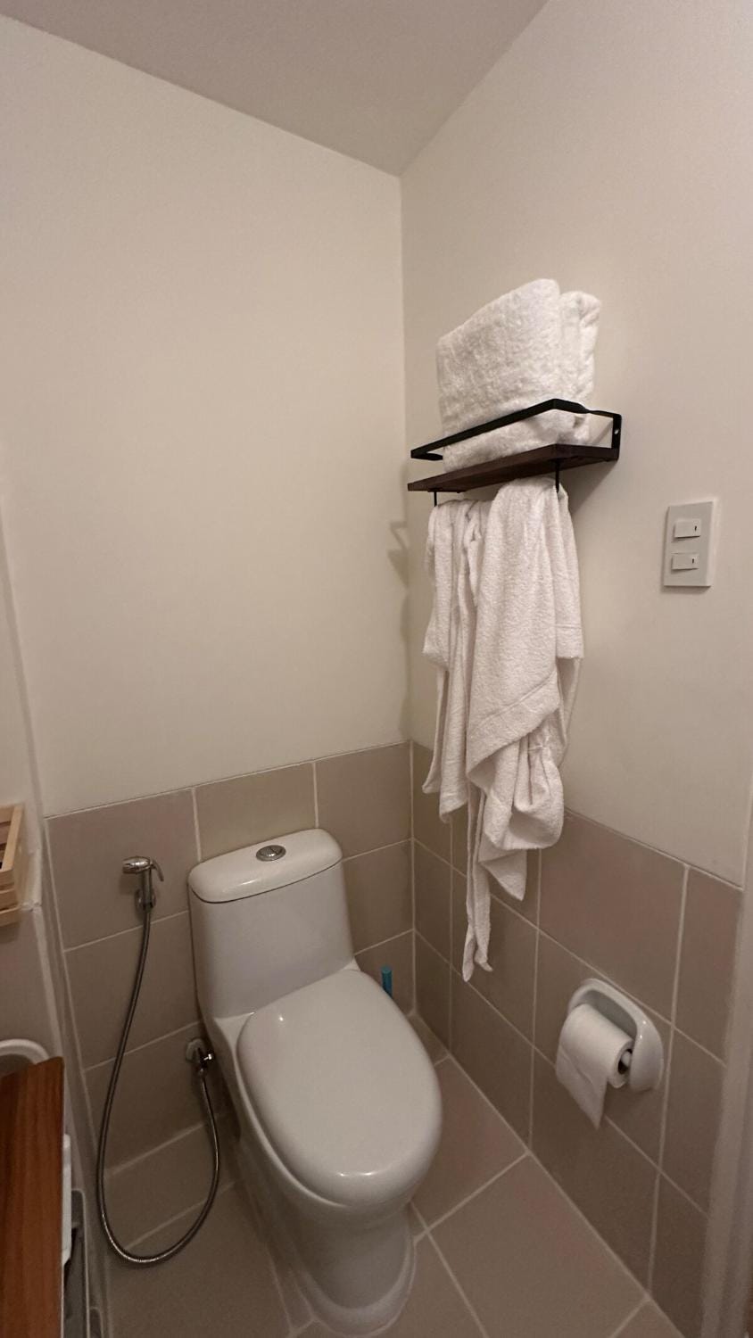 Toilet, bidet, towels