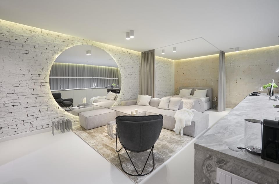 Bed, Living room, Seating area, Bedroom