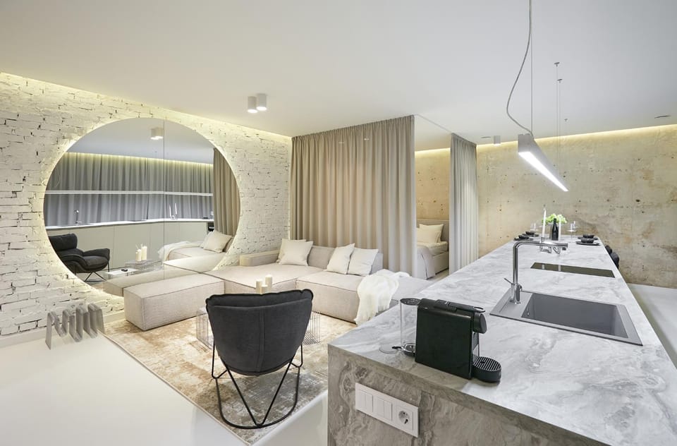 Kitchen or kitchenette, Living room, Seating area