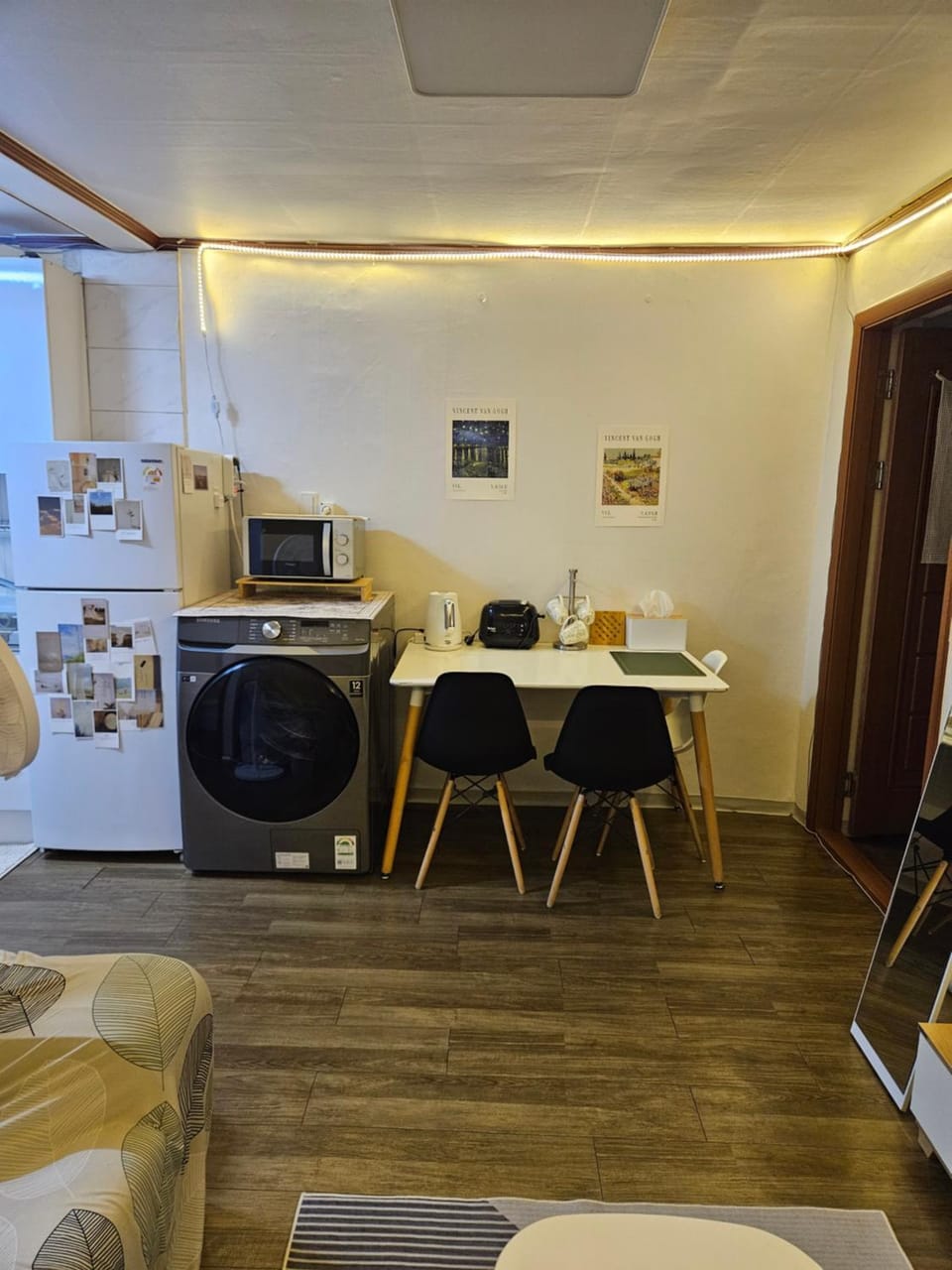 Kitchen or kitchenette, Living room, Dining area, toaster, washing machine, dryer