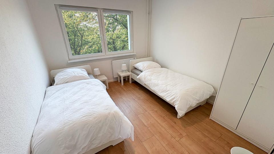 Bed, wardrobe