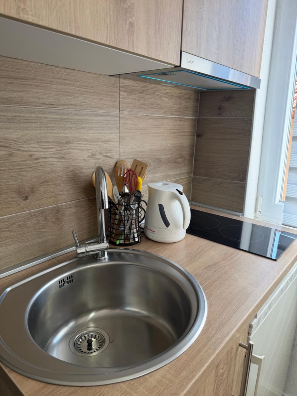 Kitchen or kitchenette, stove