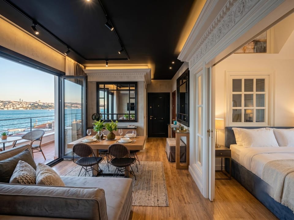 Natural landscape, View (from property/room), Balcony/Terrace, Living room, Photo of the whole room, Seating area, Dining area, Bedroom, Sea view