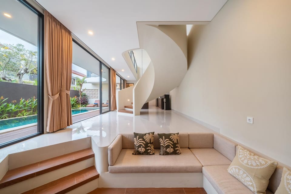 Living room, Seating area, Pool view