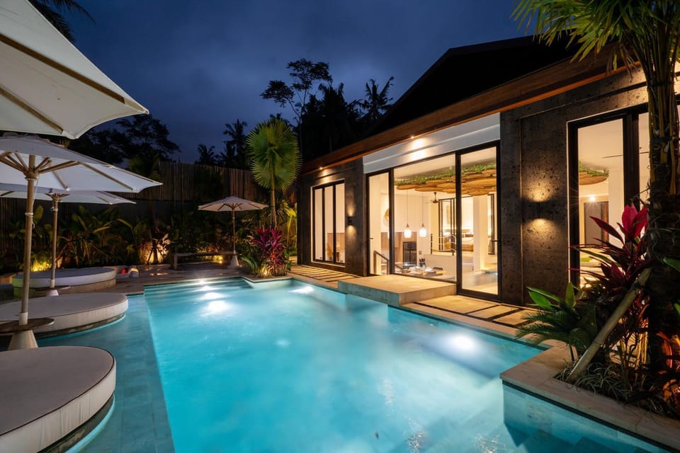 Property building, Night, Natural landscape, Pool view, Swimming pool, sunbed