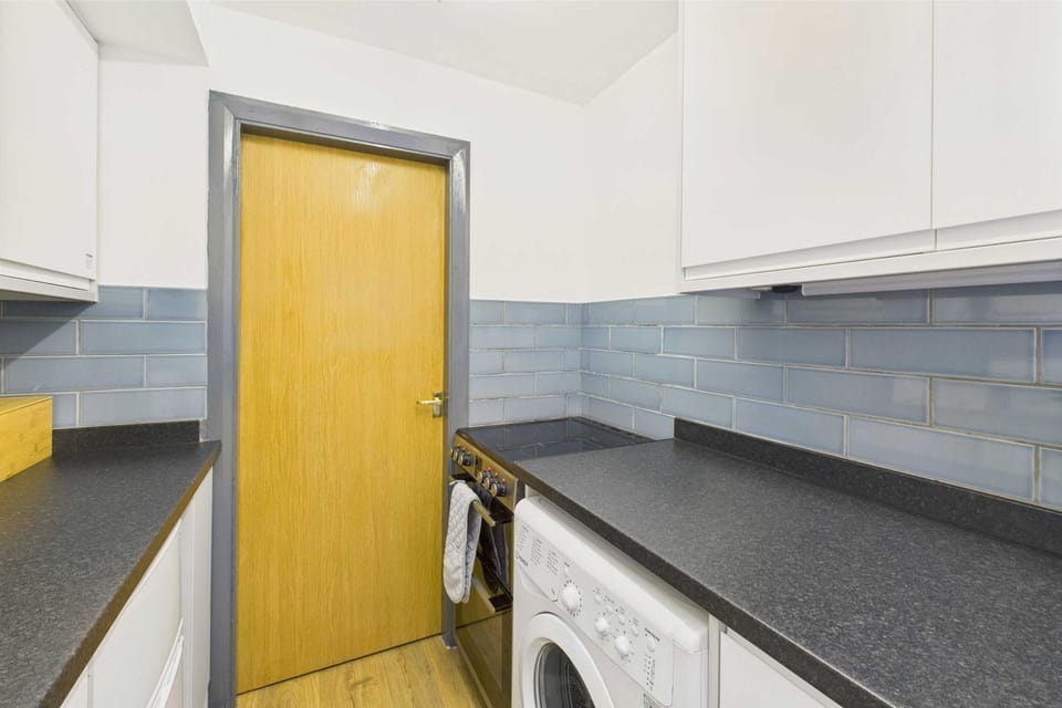 Kitchen or kitchenette, oven, stove, washing machine