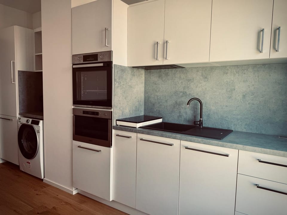 Kitchen or kitchenette, dishwasher, stove, washing machine