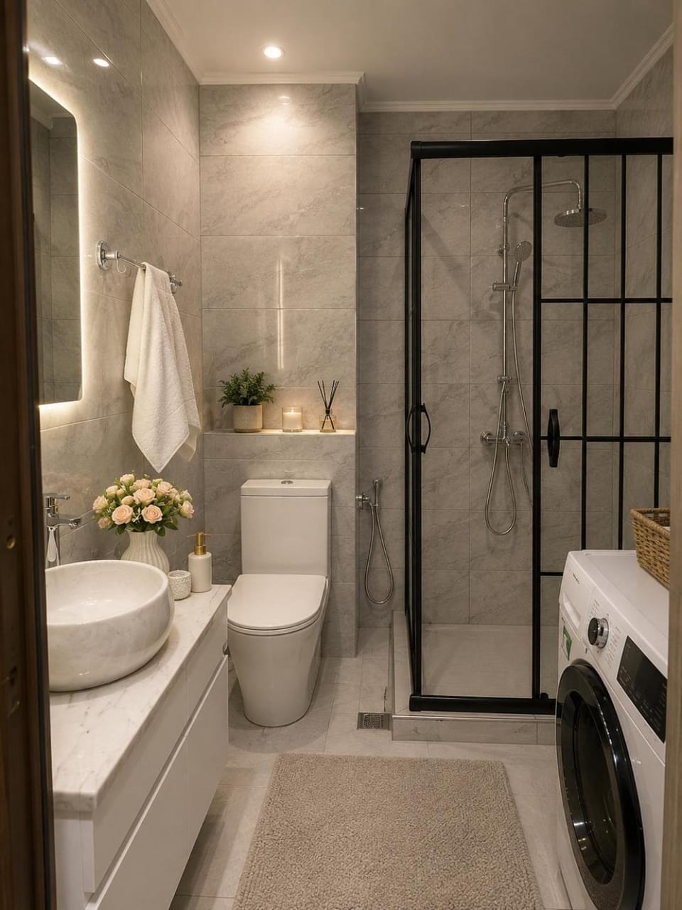 Shower, Toilet, Bathroom, towels, washing machine, dryer