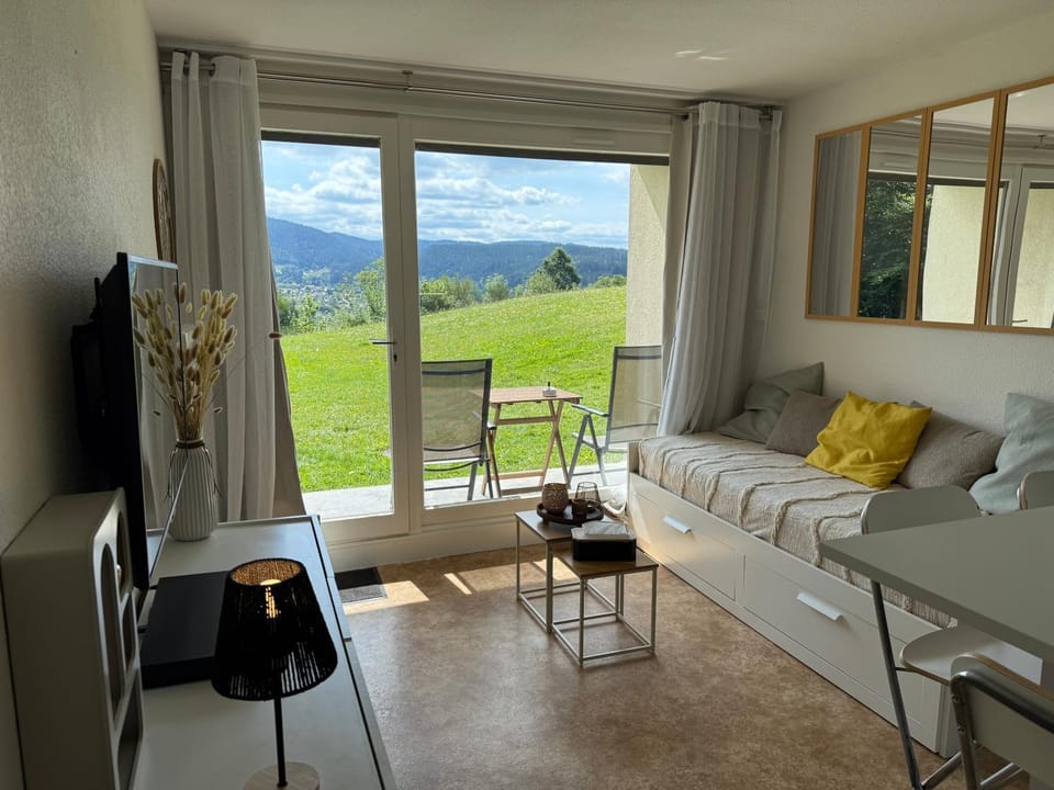 Living room, Seating area, City view, Garden view