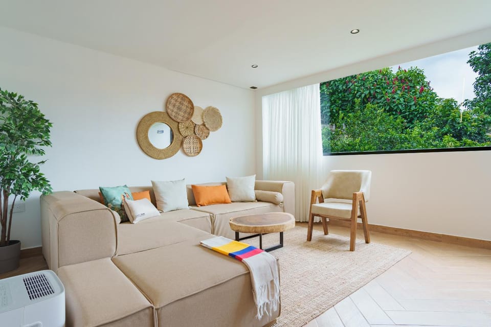 Living room, Seating area, Garden view