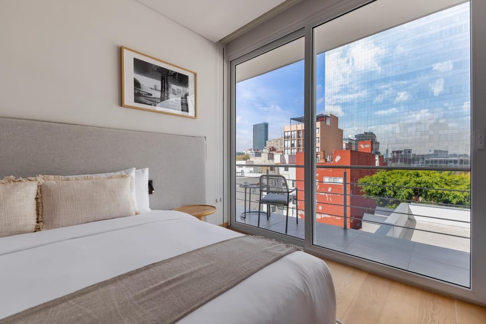 Bed, Day, View (from property/room), Balcony/Terrace, Photo of the whole room, Bedroom, City view