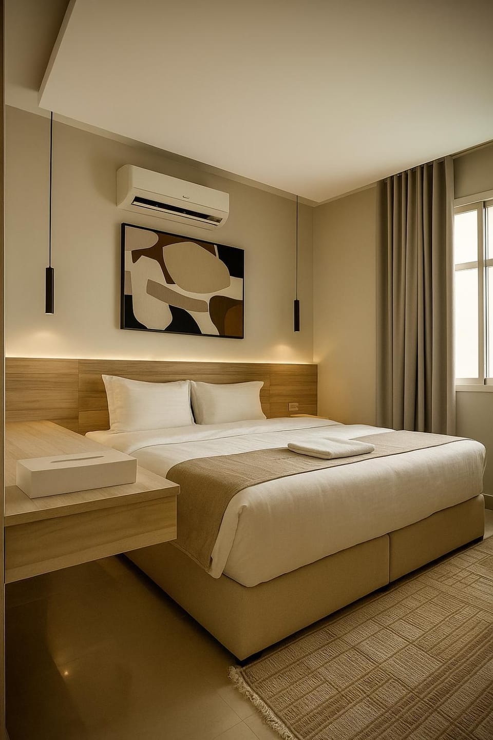 Bed, Bedroom, towels, air conditioner