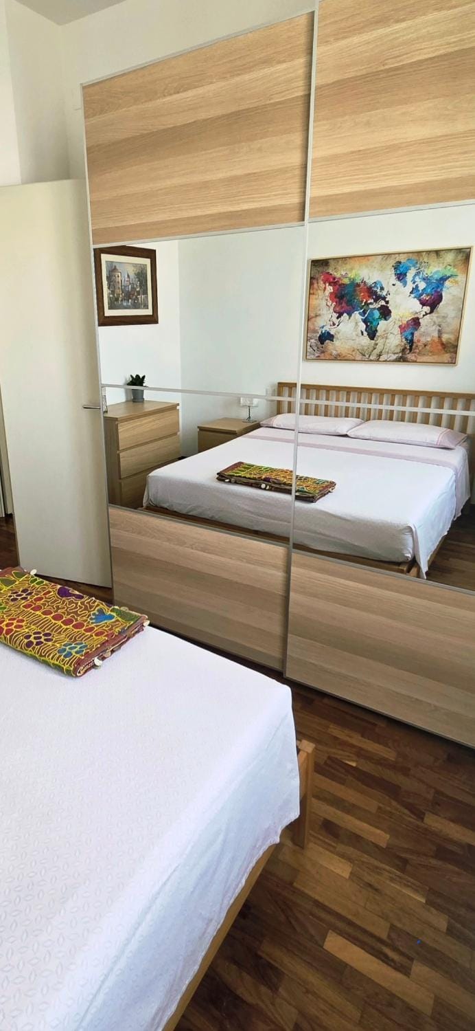 Bed, wardrobe
