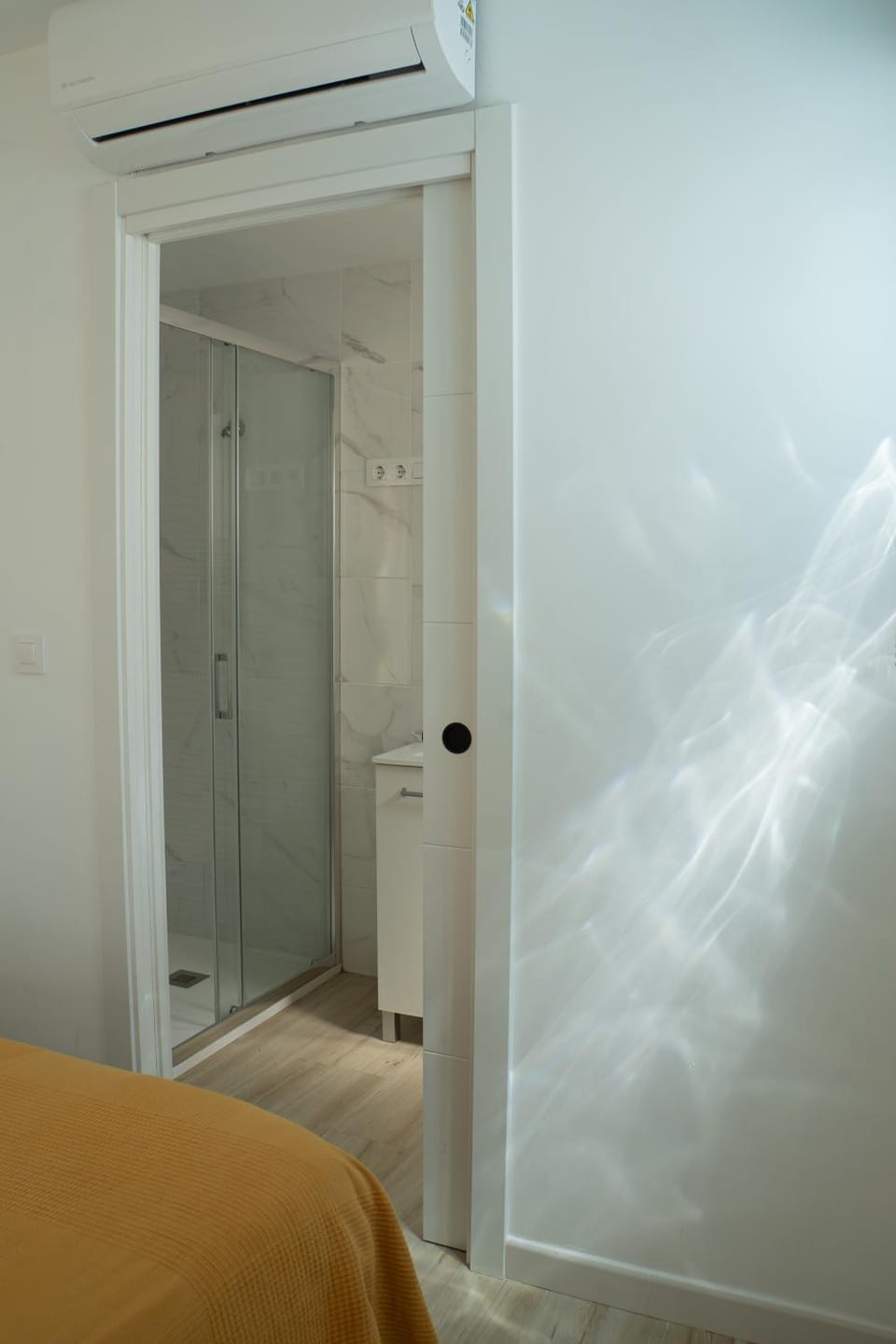 Shower, Bed, Bathroom, Bedroom