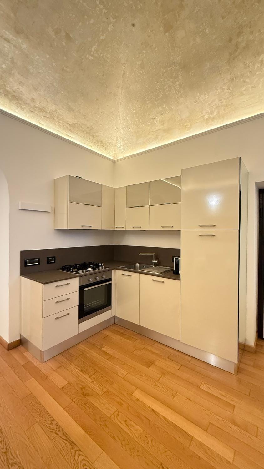Kitchen or kitchenette, dishwasher, oven, stove