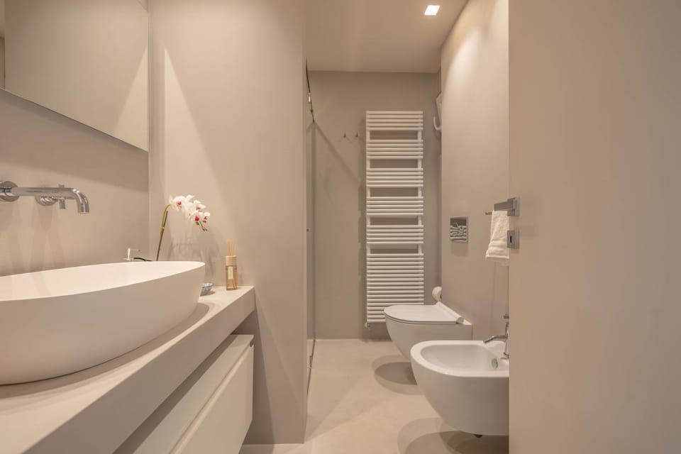 Shower, Toilet, Bathroom, bidet, hair dryier, towels, washing machine