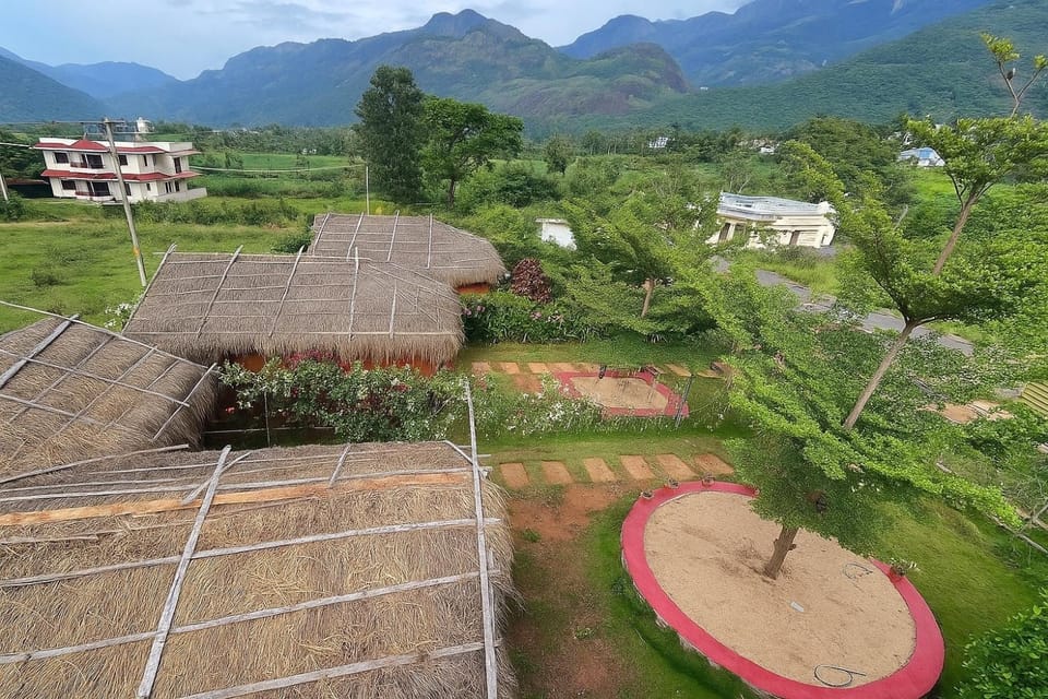 Property building, Natural landscape, Bird's eye view, Garden, Garden view, Mountain view