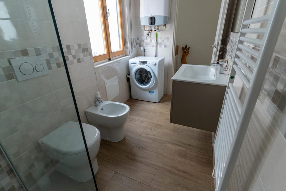Shower, Toilet, Bathroom, bidet, towels, washing machine