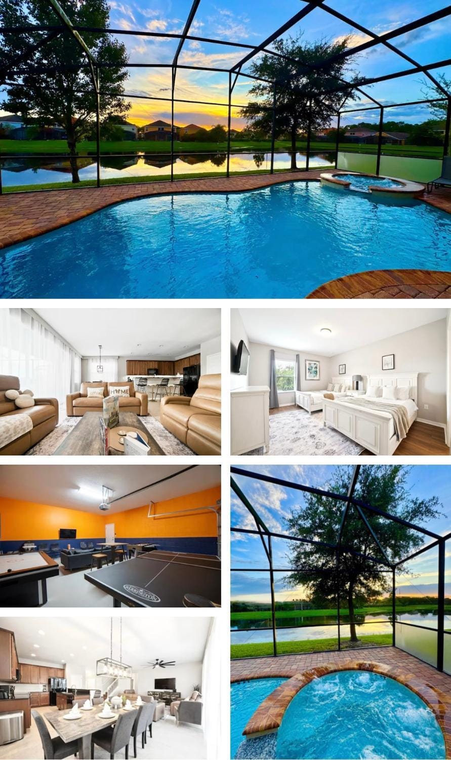 Patio, Game Room, Hot Tub, Table tennis, TV and multimedia, Living room, Spa and wellness centre/facilities, Dining area, Bedroom, Lake view, Lake view, Pool view, Swimming pool, Sunset, kitchen, air conditioner