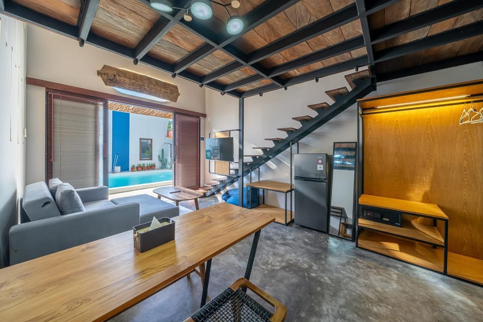 Living room, Seating area, Dining area, Pool view