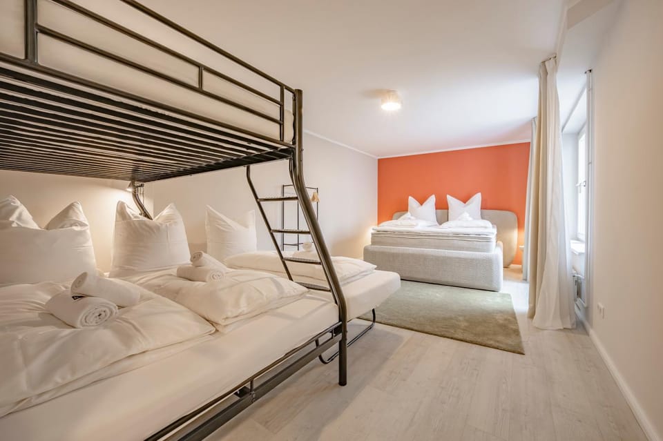 Bed, Photo of the whole room, Bedroom, bunk bed, towels, wardrobe