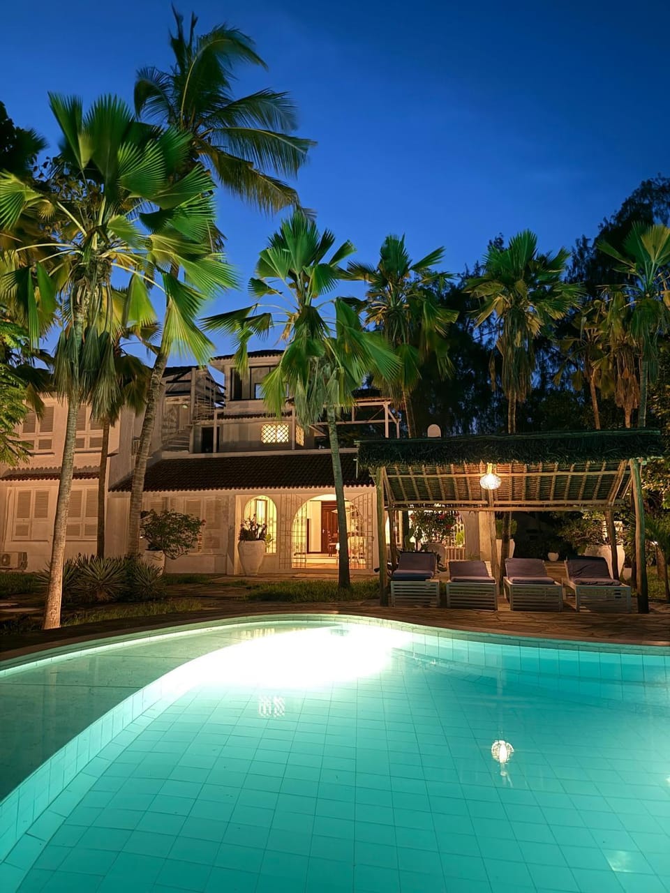 Property building, Night, Garden, Garden view, Pool view, Swimming pool, Swimming pool, sunbed