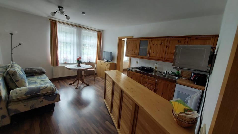 Kitchen or kitchenette, Living room, Seating area, stove