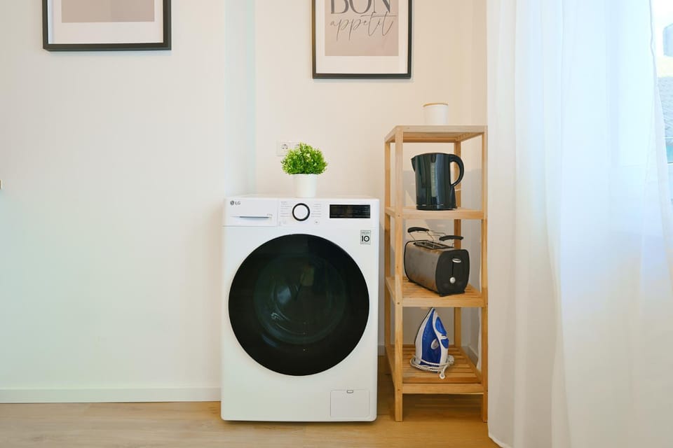 flat iron, toaster, washing machine, dryer