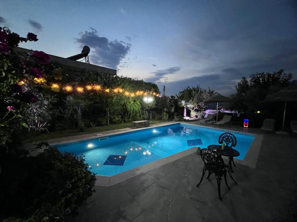 Night, Pool view, Swimming pool, sunbed