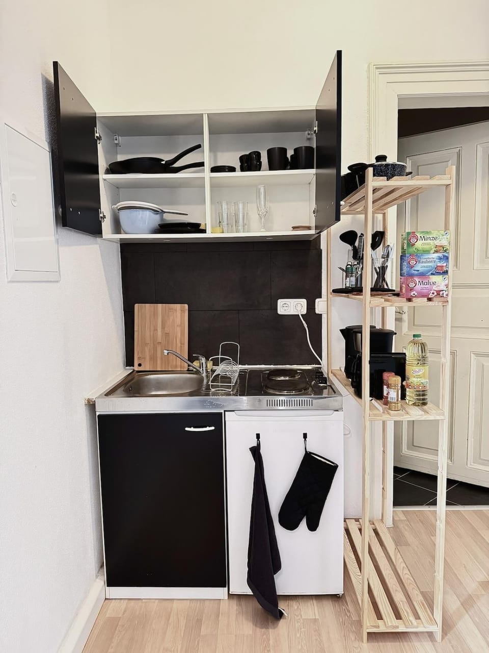 Kitchen or kitchenette, stove