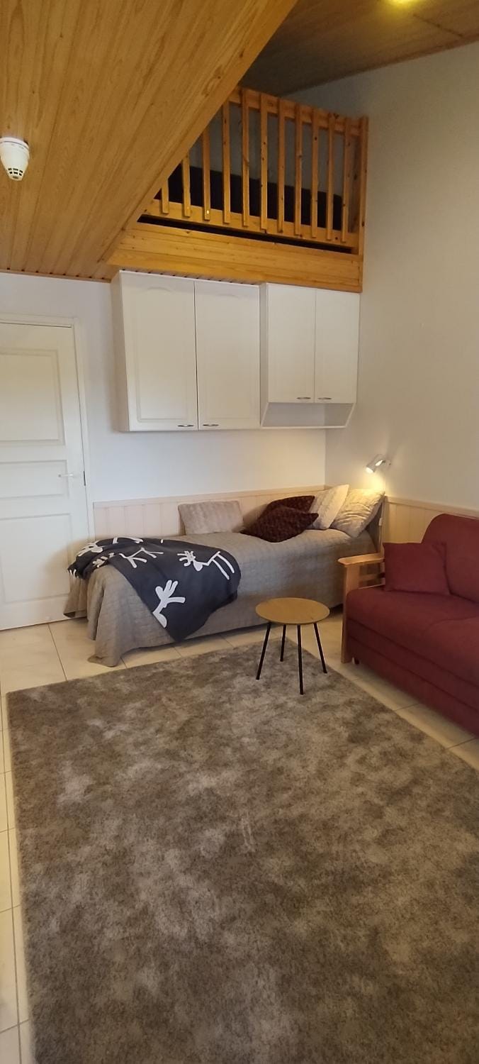 Bed, Living room, Seating area
