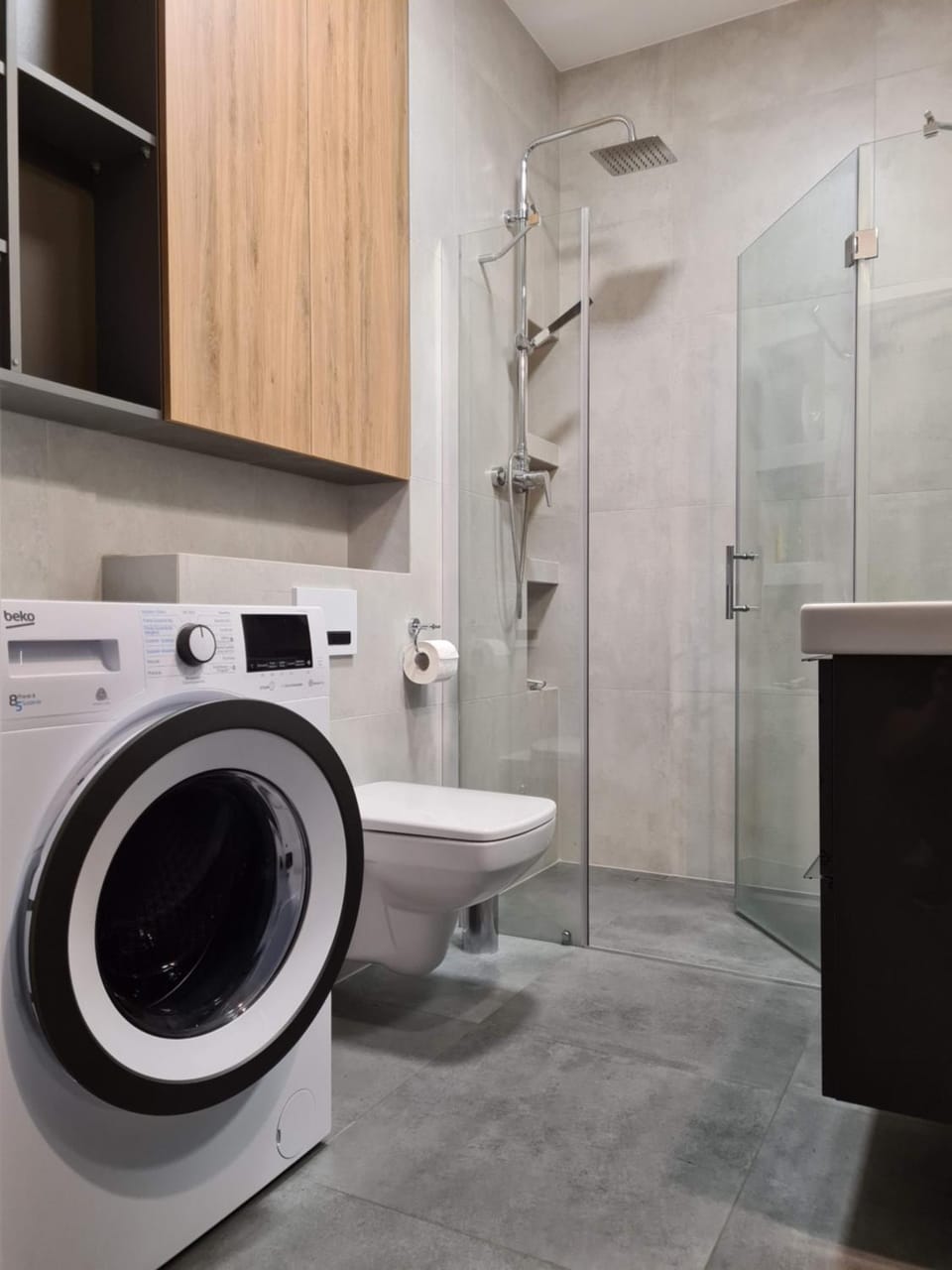 Shower, Bathroom, Kitchen or kitchenette, washing machine, dryer