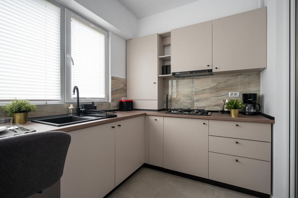 Kitchen or kitchenette, stove