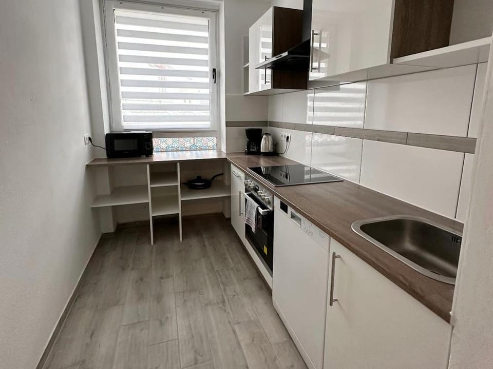 Kitchen or kitchenette, dishwasher, oven, stove