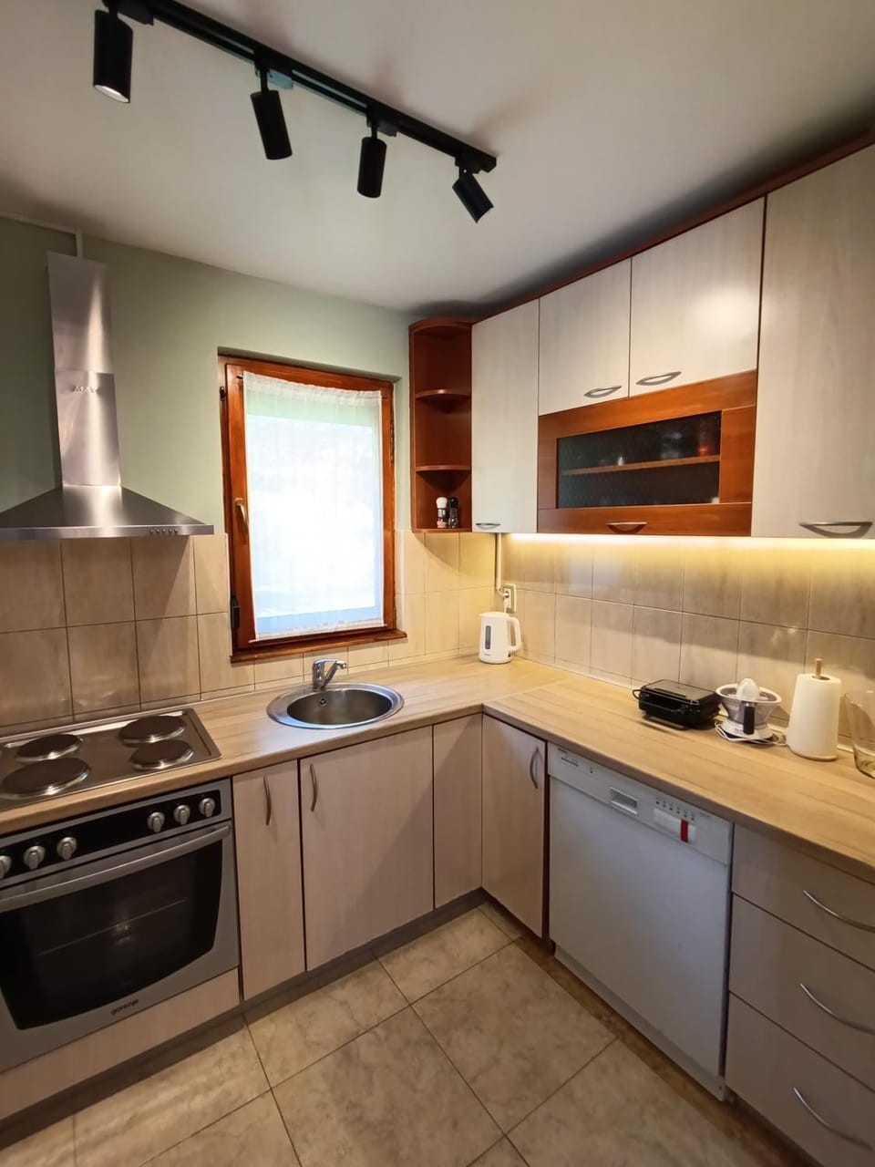 Kitchen or kitchenette, dishwasher, stove