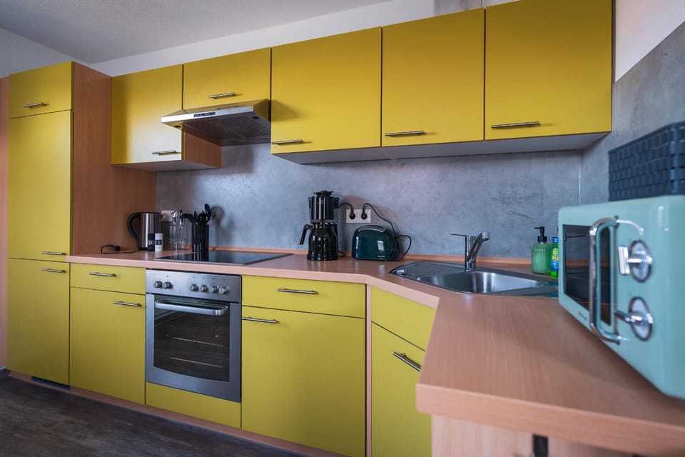 Kitchen or kitchenette, dishwasher, stove