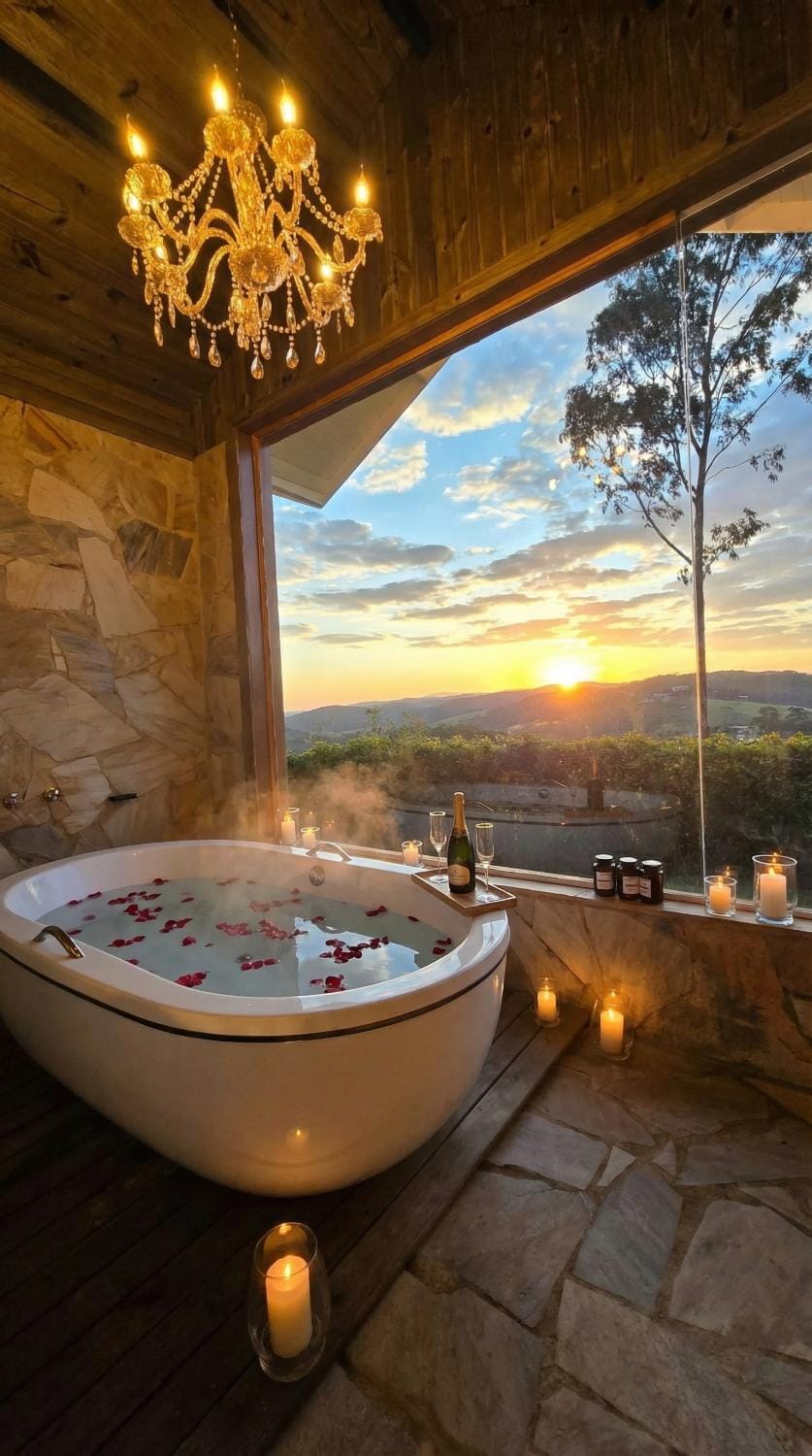 Natural landscape, Hot Tub, Bathroom, Mountain view, Sunrise, Sunset, Bath