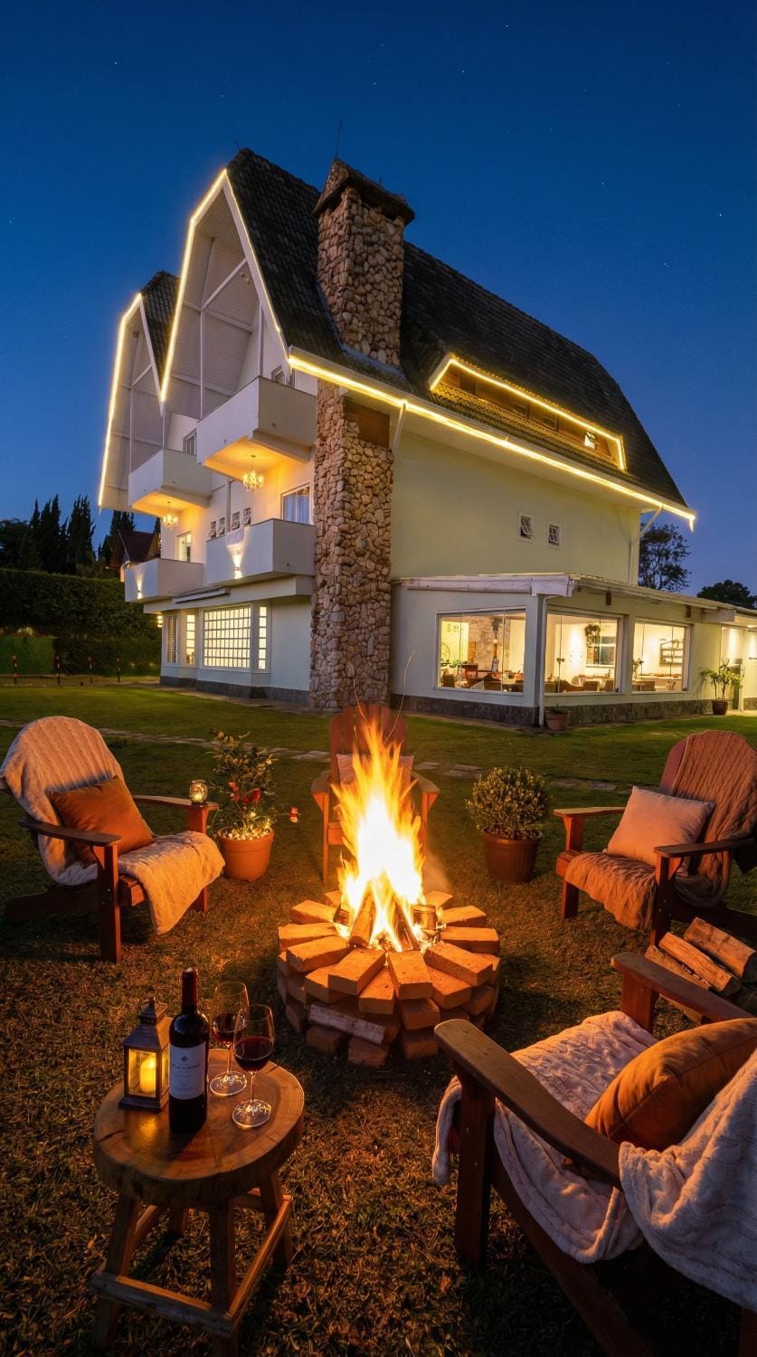 Property building, Patio, Night, BBQ facilities, Garden, Living room, Seating area, Garden view, fireplace, flat iron, sunbed