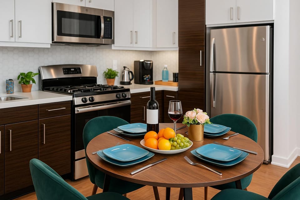 Coffee/tea facilities, Kitchen or kitchenette, Food and drinks, Dining area, Food, Drinks, minibar, oven, stove, toaster