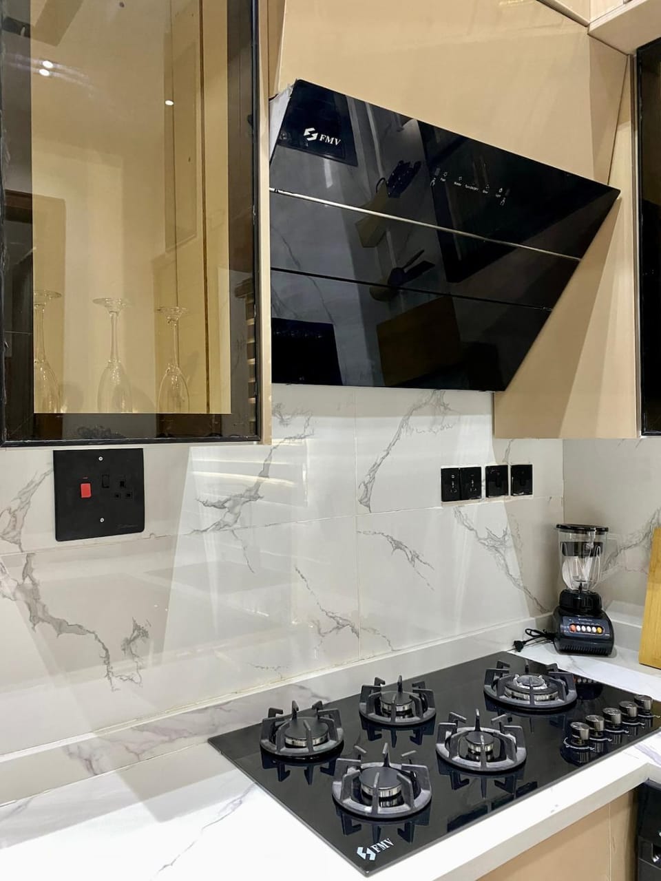 Kitchen or kitchenette, stove