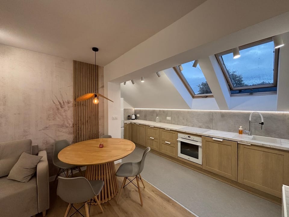 Kitchen or kitchenette, Living room, Seating area, Dining area, stove