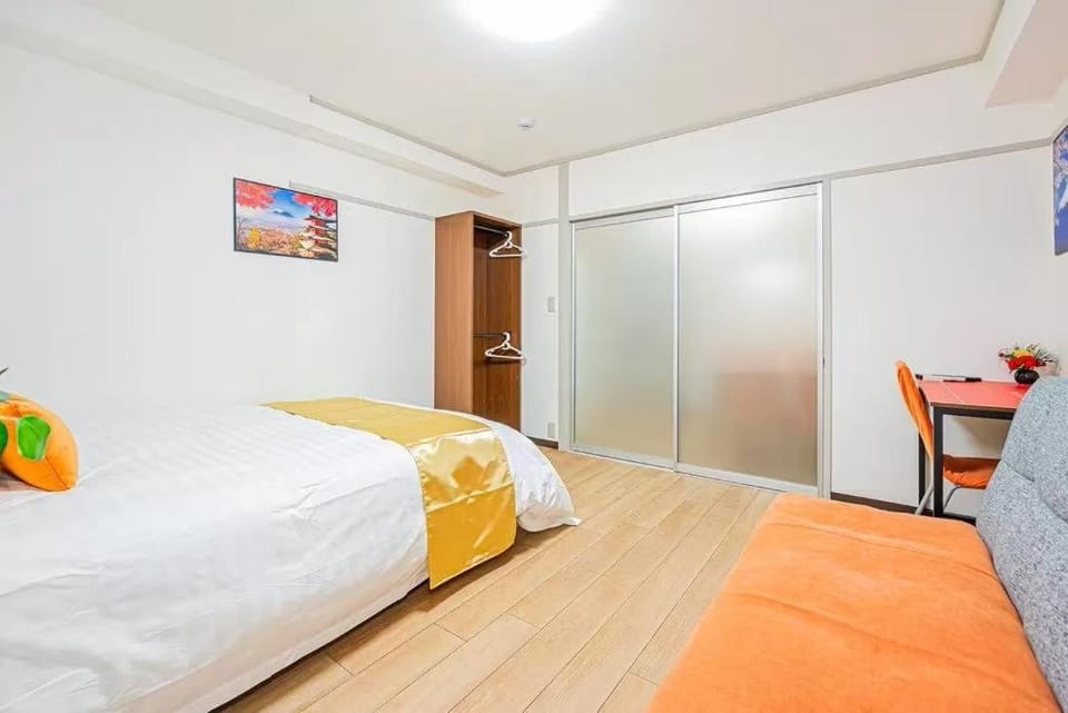 Bed, wardrobe