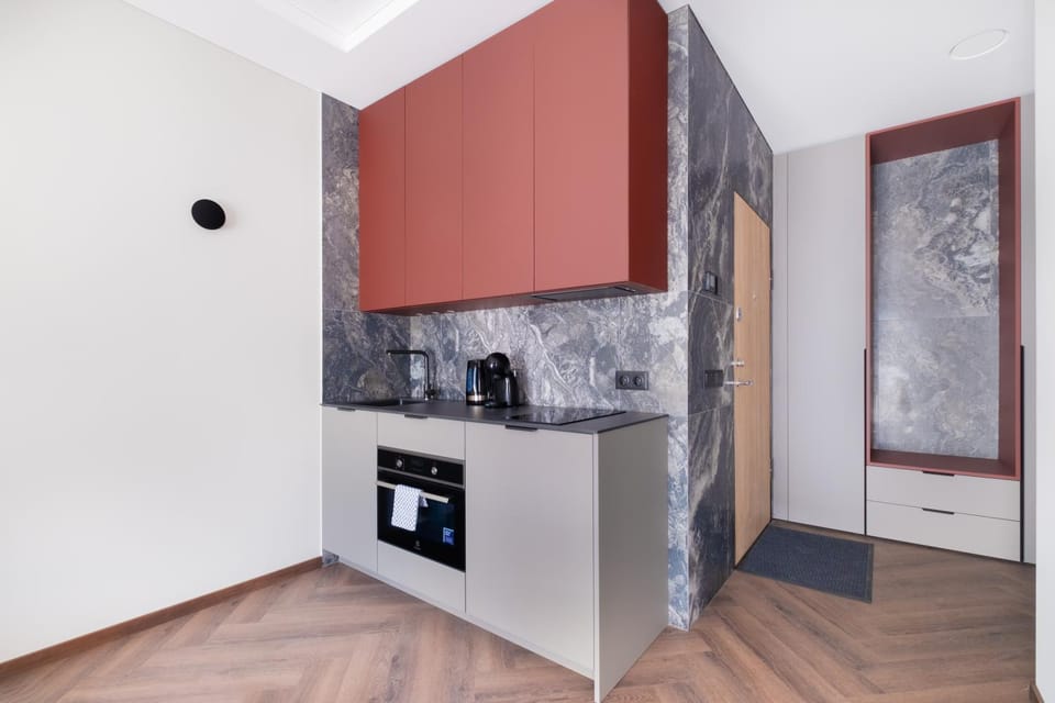 Kitchen or kitchenette, stove