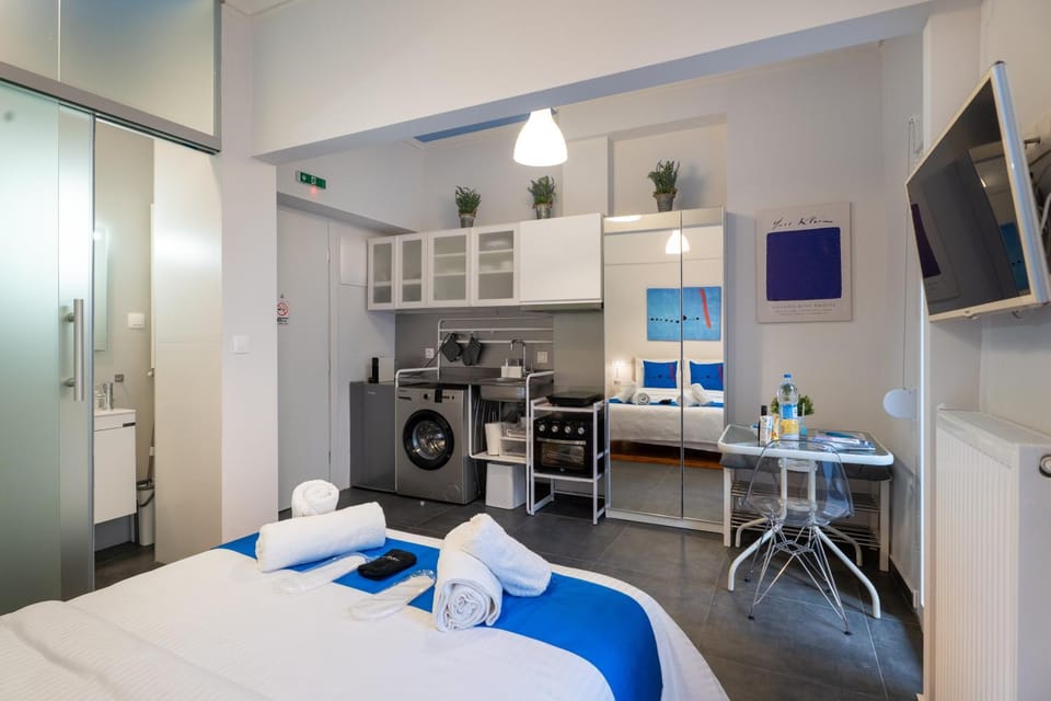 Bed, TV and multimedia, Coffee/tea facilities, Kitchen or kitchenette, Photo of the whole room, Bedroom, oven, towels, wardrobe, washing machine